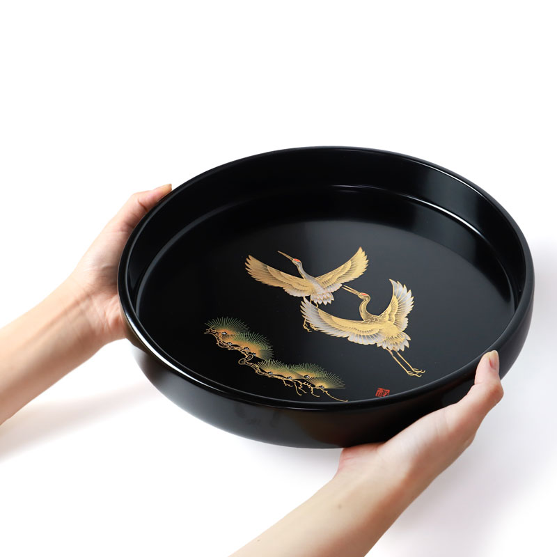 みよし漆器本舗 お盆 紀州漆器 木製 丸盆 二羽鶴 30cm 天然木製