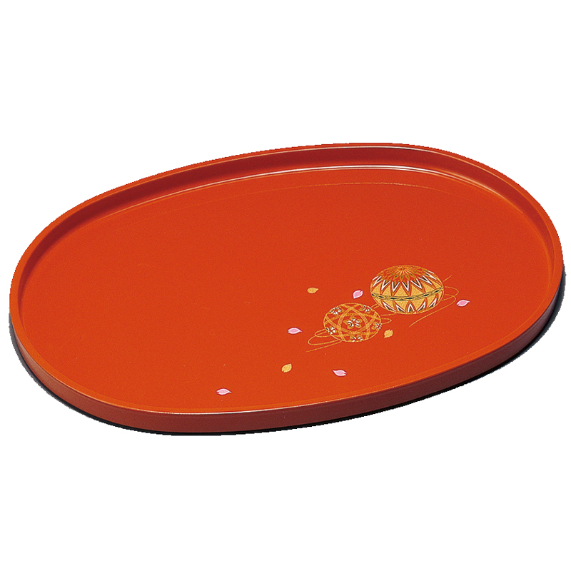 みよし漆器本舗 紀州塗り 紀州漆器 お盆 トレー 27cm 小判盆 朱 手まり