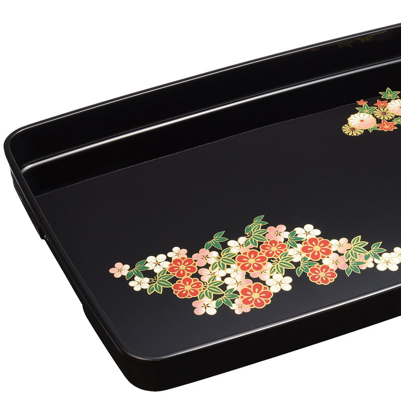 漆塗り お盆セット 長手盆 丸盆 2点 蒔絵 花柄 黒塗り 箱