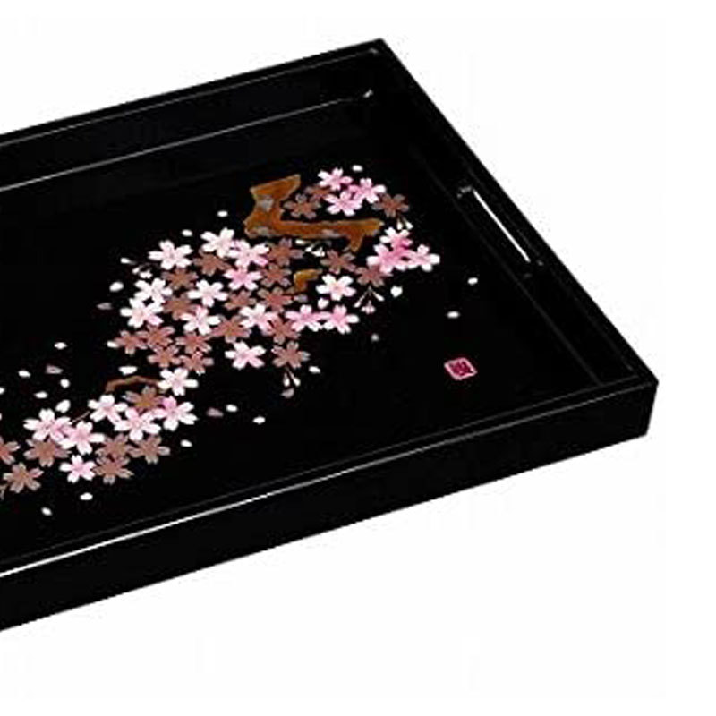 みよし漆器本舗 紀州塗り お盆 トレー 45cm 木製長手盆 黒 雅桜