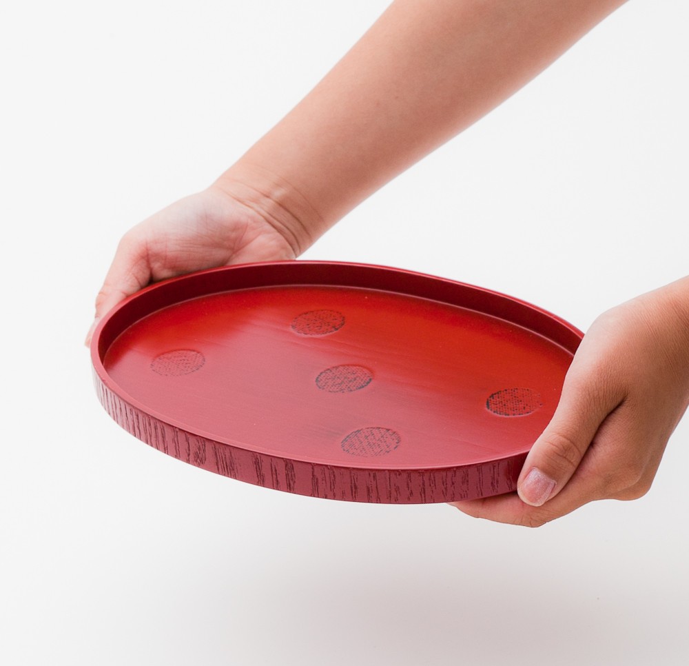 みよし漆器本舗 天然木製 8寸 小判盆 水玉 根来 漆塗り 24cm お盆