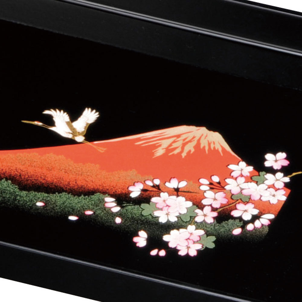 みよし漆器本舗 紀州塗り お盆 トレー 15寸 45cm幅 長手盆 黒 一富士二