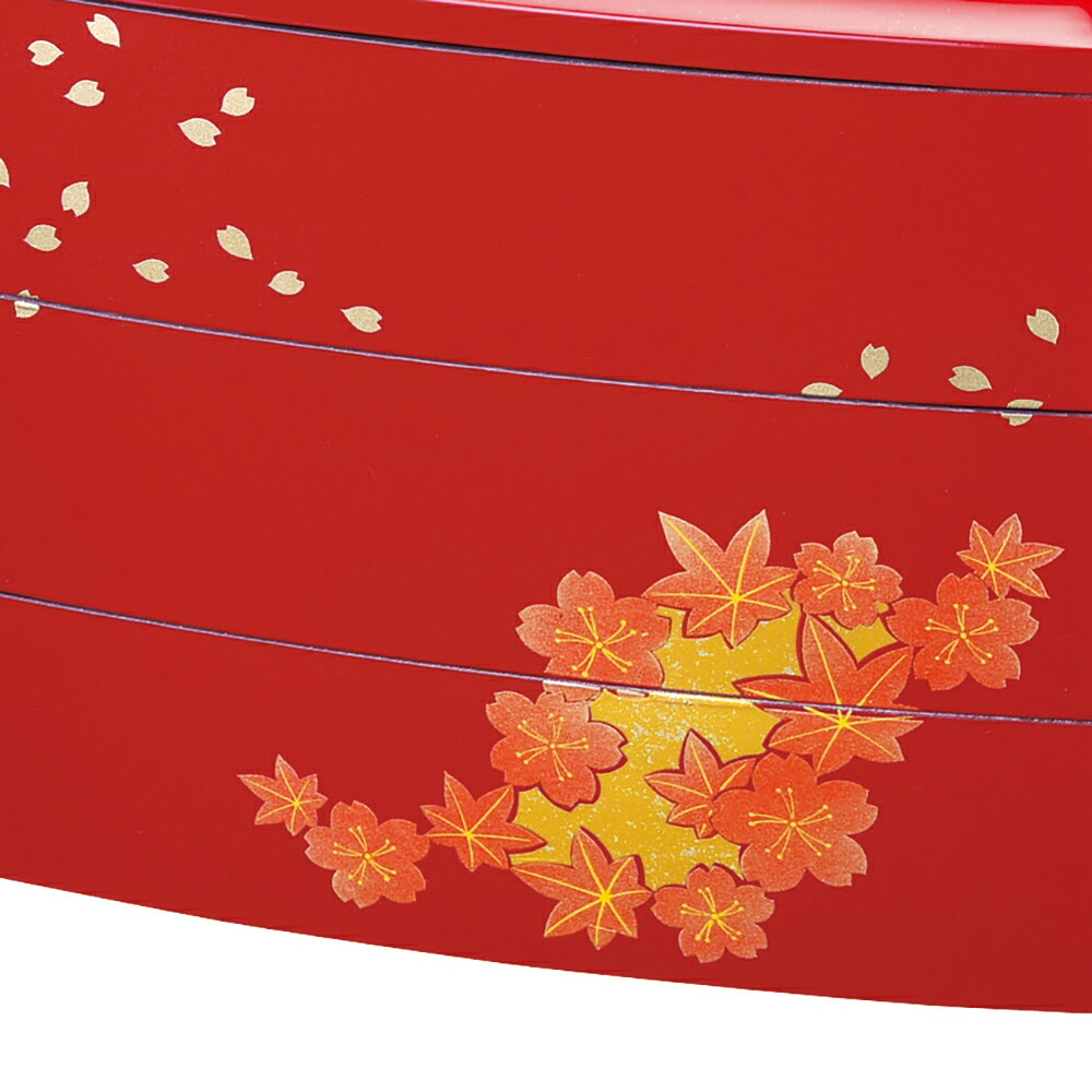 【お値下げ❣️】赤い漆器のお重箱❣️3層 扇子と花の模様　和風　お正月 お値下げ❣️】赤い漆器のお重箱❣️3層 扇子と花の模様
