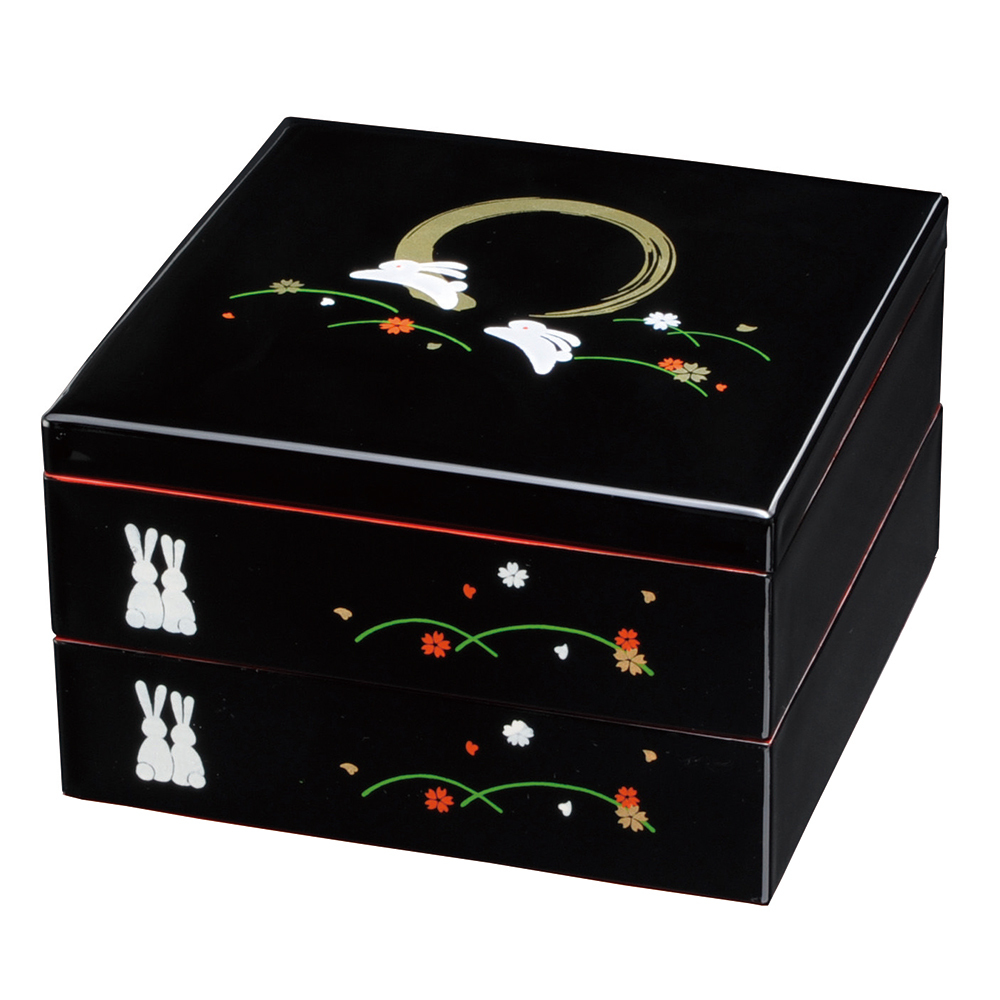 みよし漆器本舗 紀州塗り 7寸 二段 重箱 黒内朱 満月うさぎ 運動会
