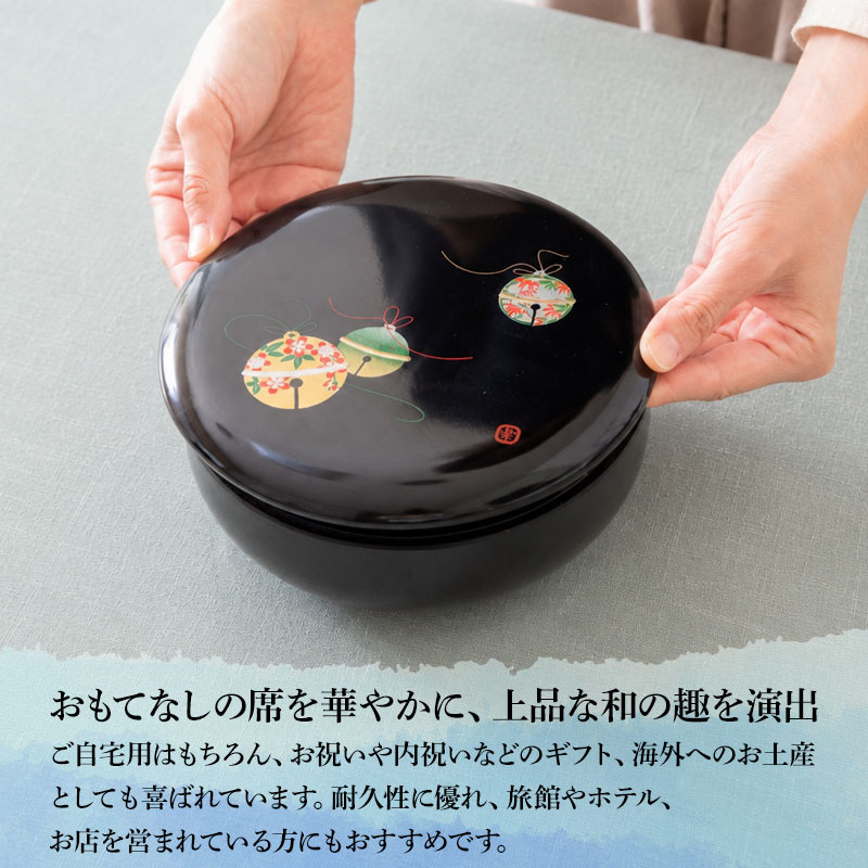 クーポン有】 菓子器 宝来の鈴 18cm 紀州塗り 黒色 梨地塗り 蓋付き