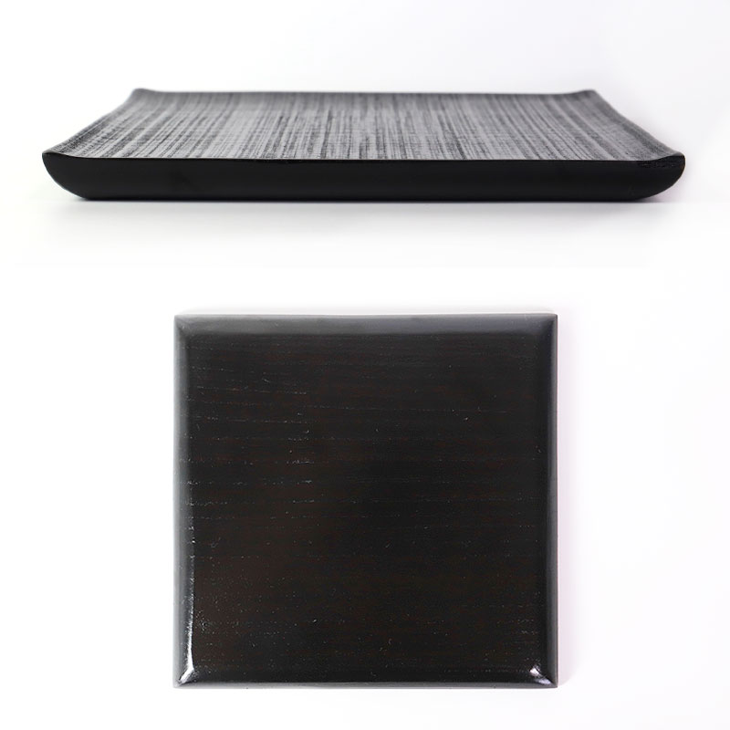 みよし漆器本舗 天然木製 プレート 千筋 黒 角皿 大 18.6cm 漆塗り