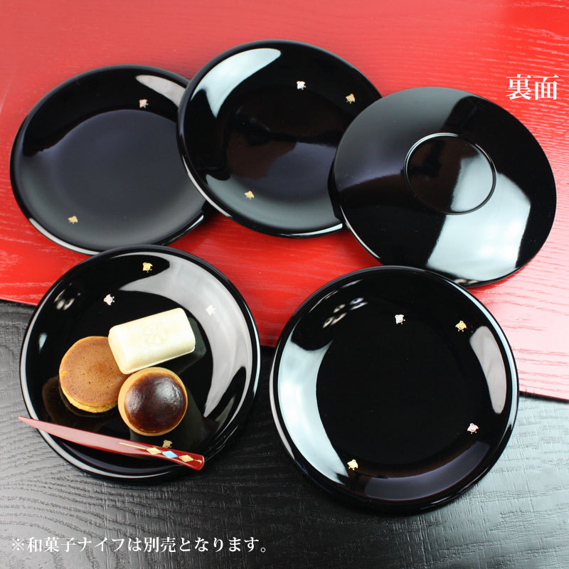 漆器 銘々皿 ５寸 15cm 黒 千鳥 セット (5枚入)日本製 国産 和菓子皿 