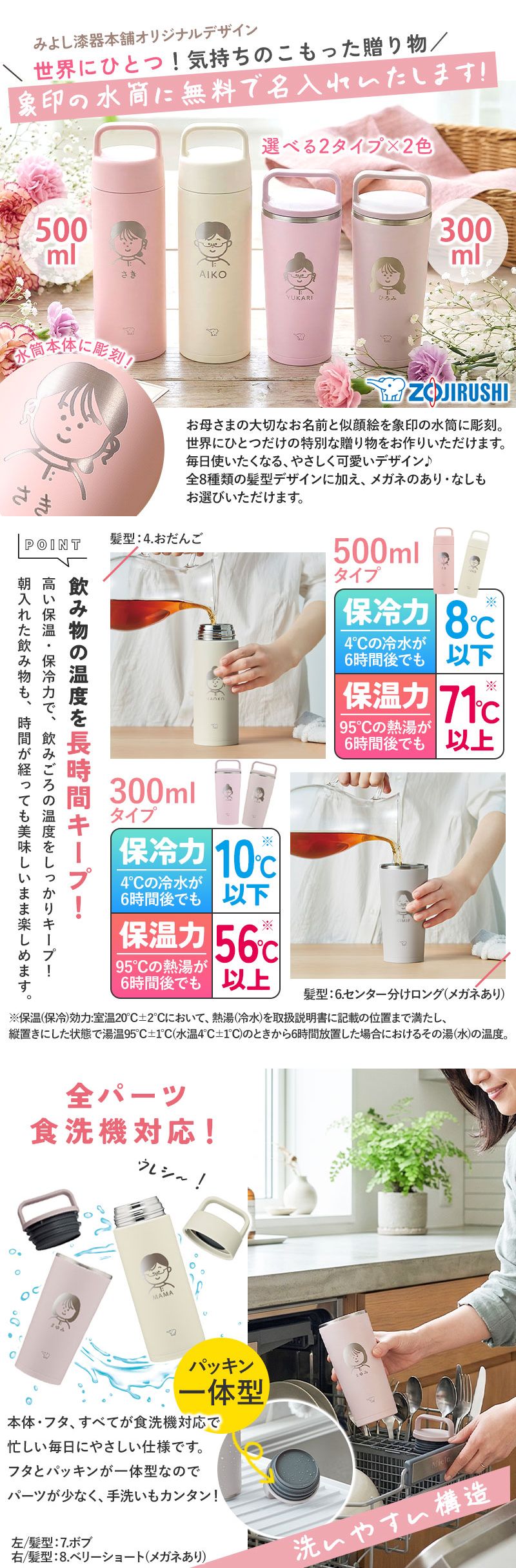 母の日 似顔絵 名入れ無料 象印 水筒 500ml 300ml 食洗機対応 おしゃれ