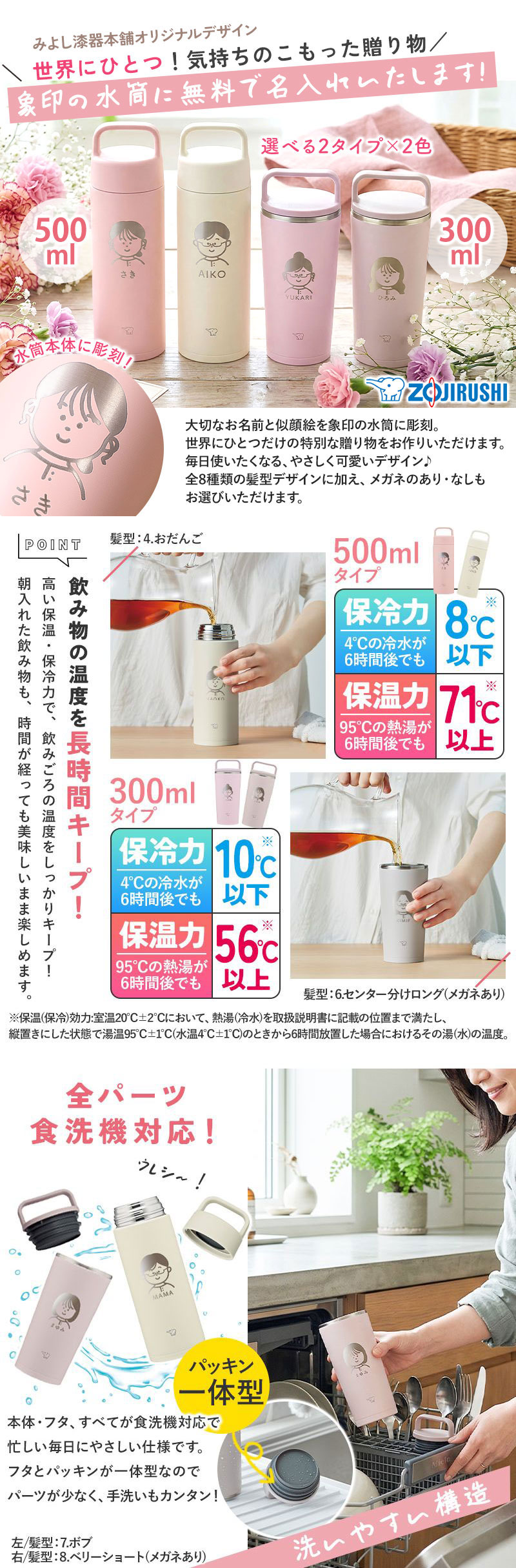 似顔絵 名入れ無料 象印 水筒 500ml 300ml 食洗機対応 ギフト
