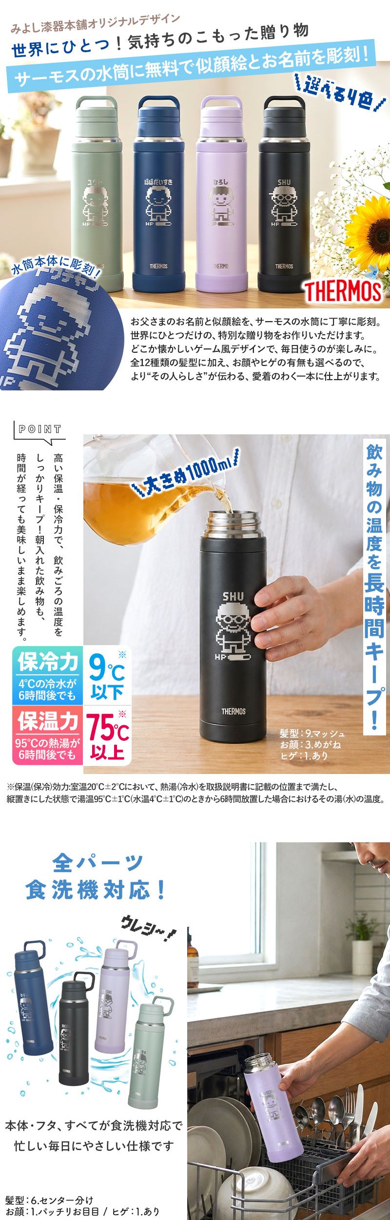 父の日 似顔絵 名入れ無料 サーモス 水筒 1000ml 食洗機対応 ドット