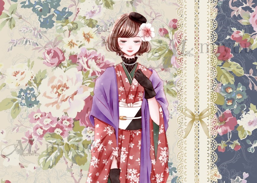 ♥特別価格♥1200枚（各200枚）♥着物ガール素材メモ♥オリジナル♥コラージュ デザインペーパー a4 コラージュシート 女の子 コラージュ素材