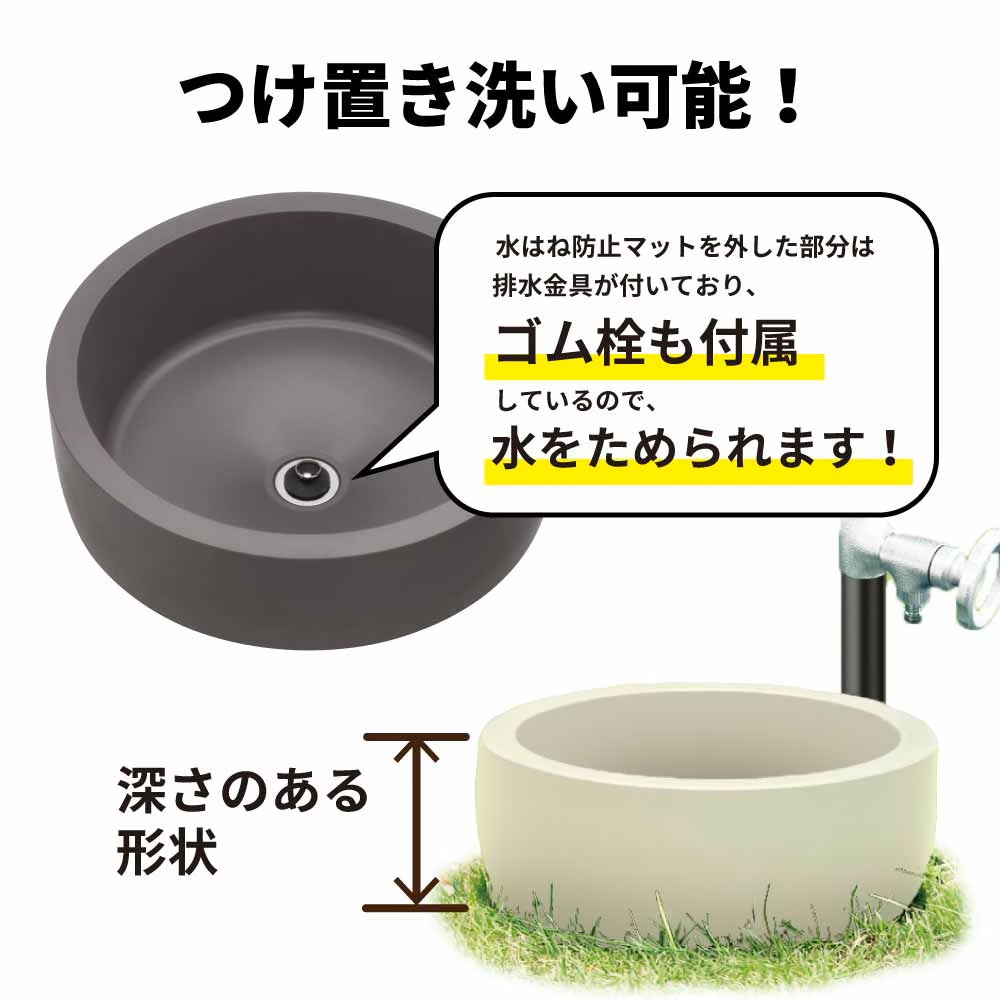 ガーデンパン 水栓パン ラウンド 深型 ブラック 黒 立水栓 水栓柱用 水受け ゴム栓付き レジンコンクリート 日本製 3色展開 G26PRG 水生活製作所 MIZSEI_7