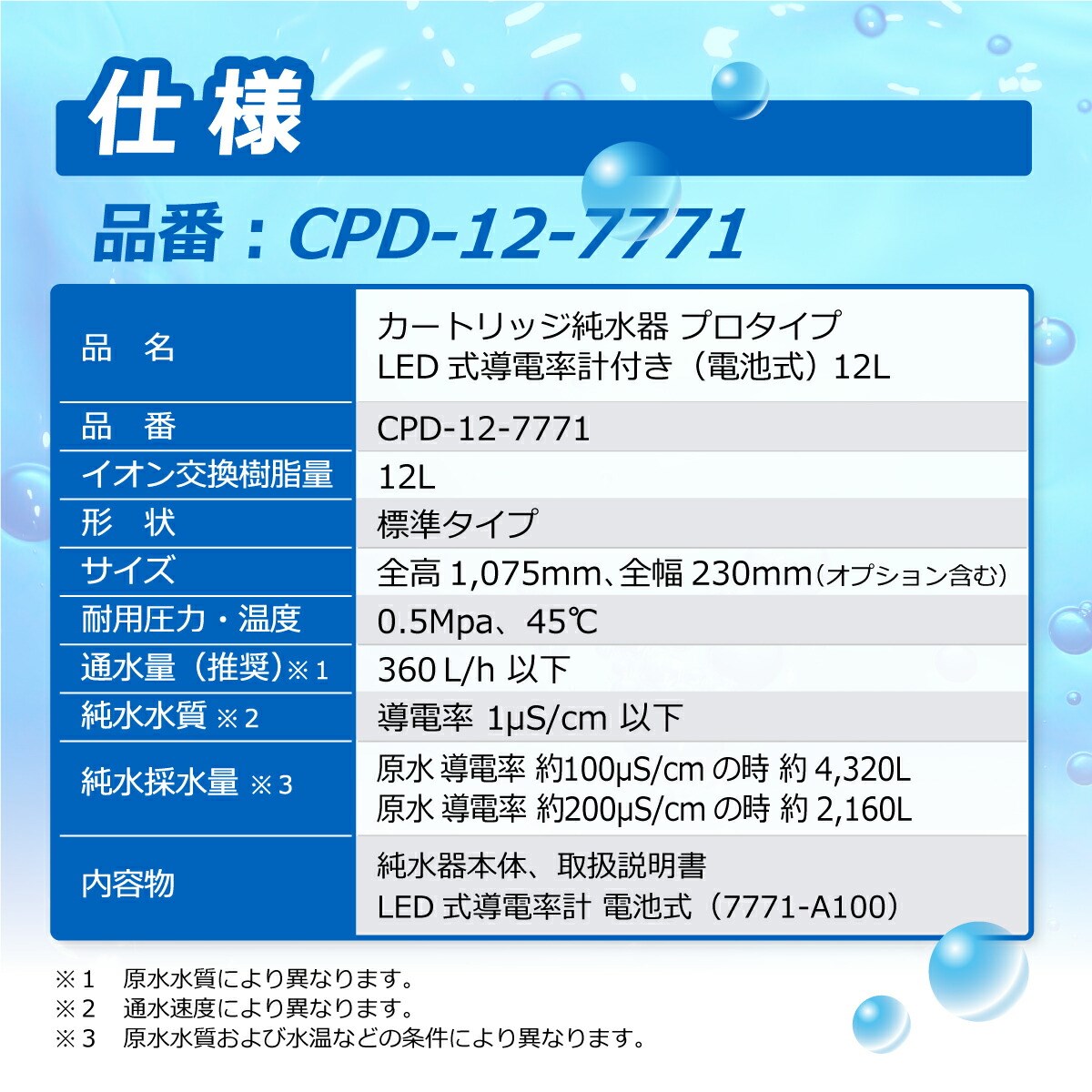 カートリッジ 純水器 12L プロタイプ LED式導電率計(電池式)付き CPD-12-7771 イオン交換樹脂 12L入り 洗車 業務 用 サンエイ化学｜mizu-syori｜03