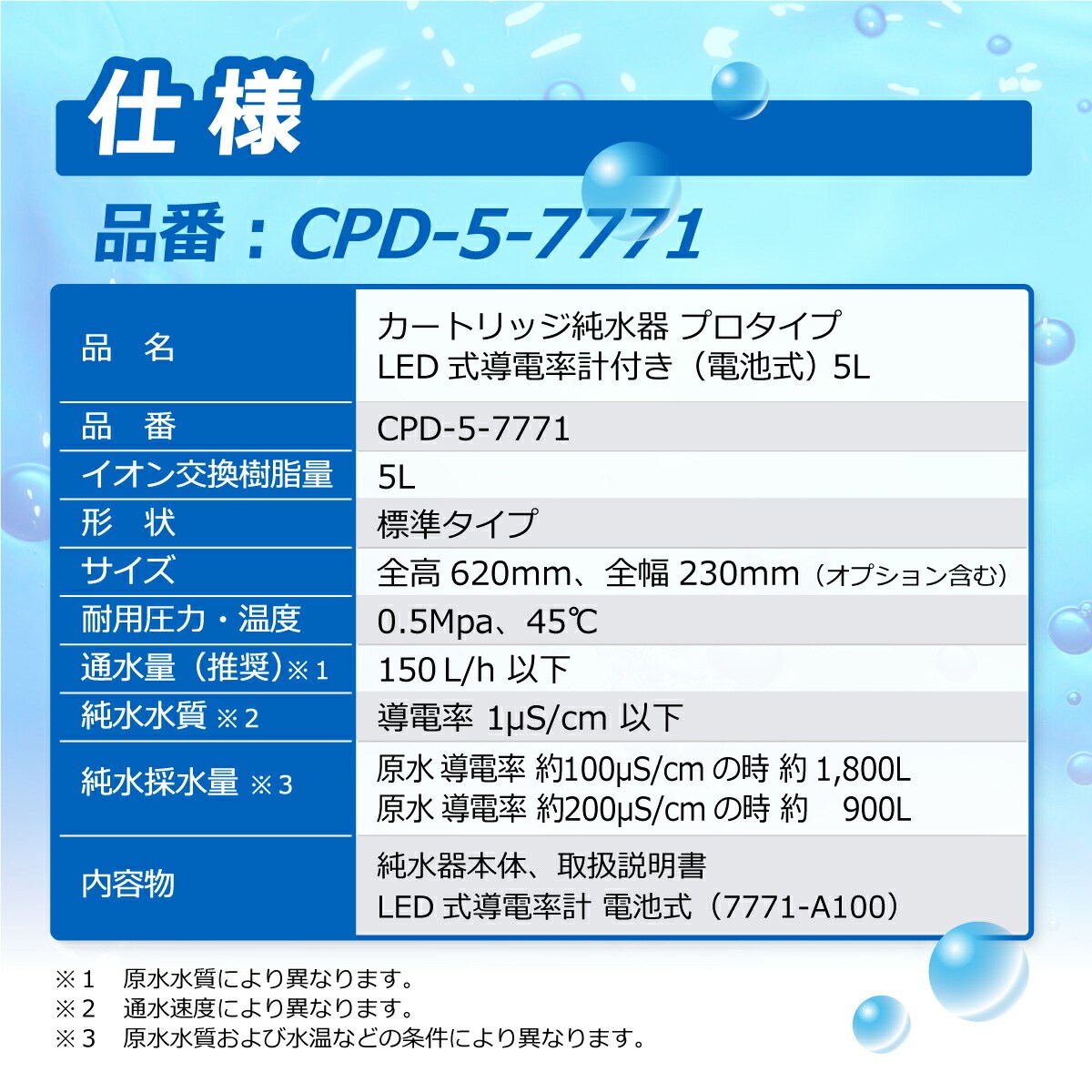 カートリッジ 純水器 5L プロタイプ LED式導電率計(電池式)付き CPD-5-7771 イオン交換樹脂 5L入り 洗車 業務 用 サンエイ化学｜mizu-syori｜03
