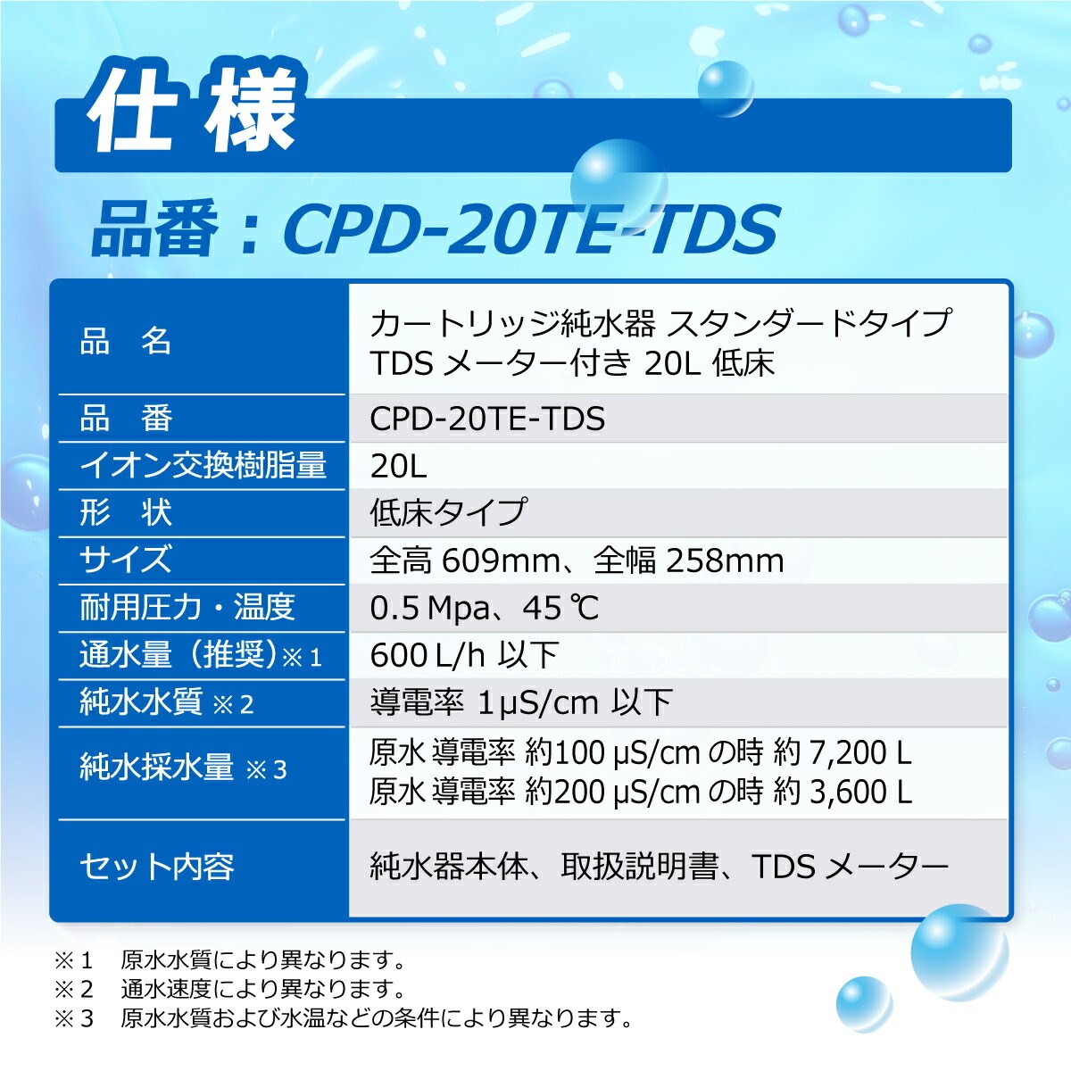 カートリッジ 純水器 20L スタンダードタイプ TDSメーター付き 低床タイプ CPD-20TE-TDS イオン交換樹脂 20L入り 洗車 業務 用 サンエイ化学｜mizu-syori｜03