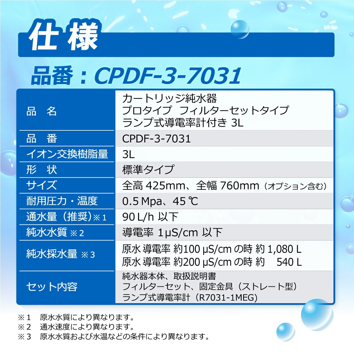 カートリッジ 純水器 3L プロタイプ フィルターセットタイプ ランプ式導電率計付き CPDF-3-7031 イオン交換樹脂 3L入り 洗車 業務 用 サンエイ化学｜mizu-syori｜03