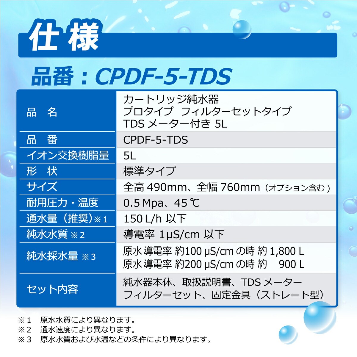 カートリッジ 純水器 5L プロタイプ フィルターセットタイプ TDSメーター付き CPDF-5-TDS イオン交換樹脂 5L入り 洗車 業務 用 サンエイ化学｜mizu-syori｜03