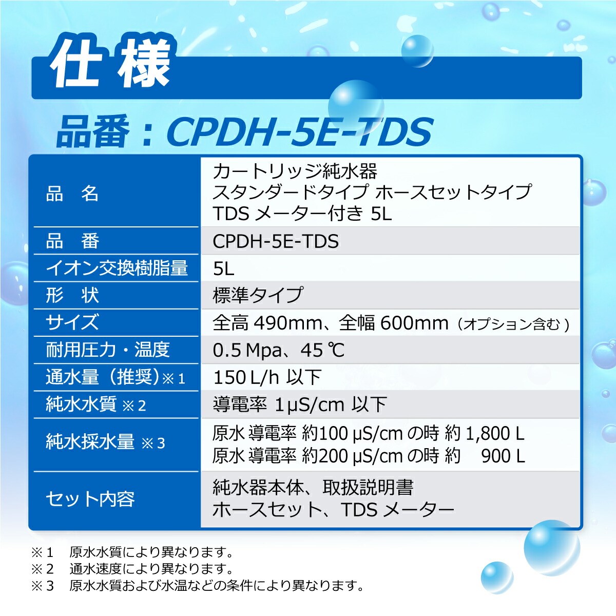 カートリッジ　純水器　5L　CPDH-5E-TDS　5L入り　業務　用　イオン交換樹脂　サンエイ化学　TDSメーター付き　洗車　スタンダードタイプ　ホースセットタイプ