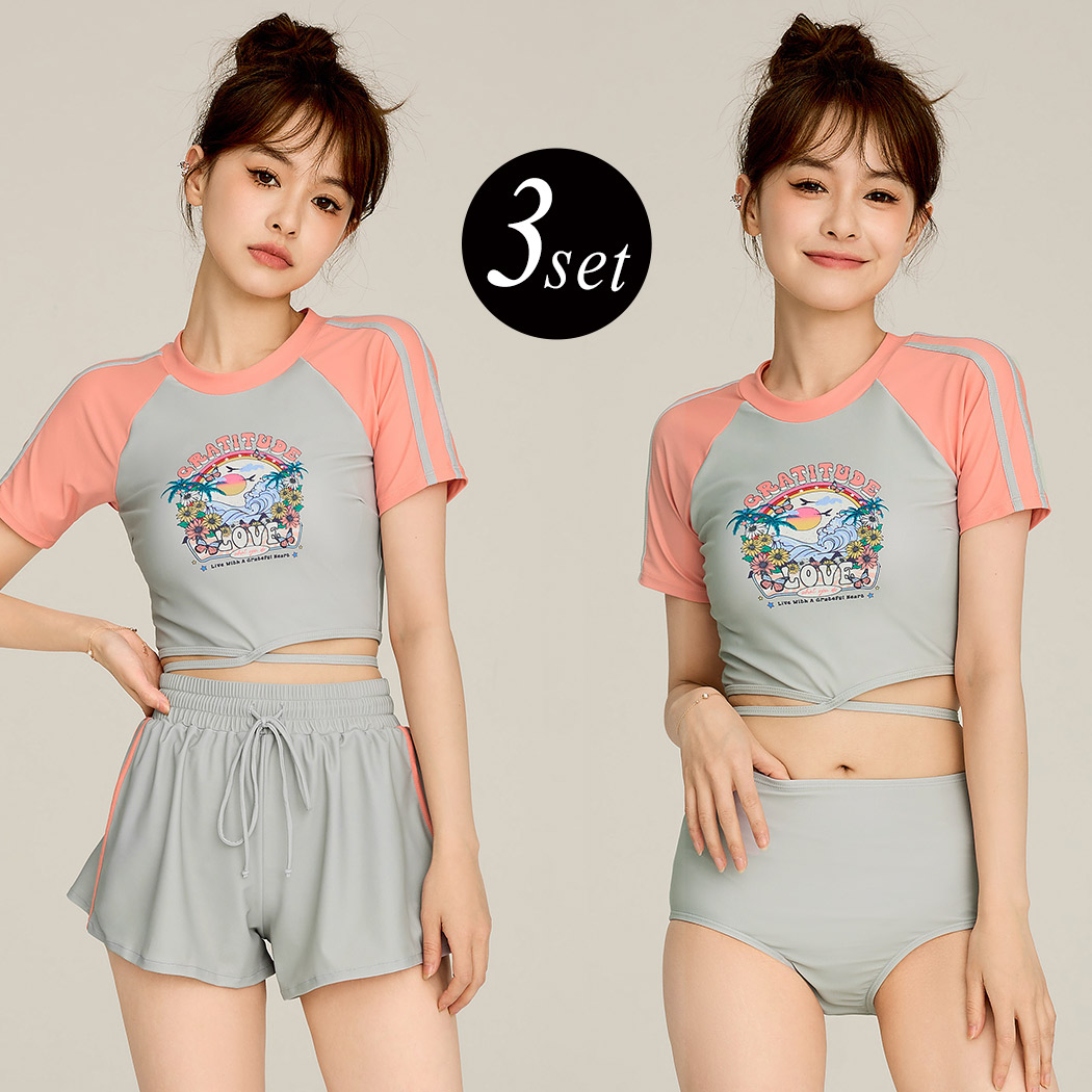 TeddyShop 水着 レディース 体型カバー スポーティ 3点セット Tシャツ  