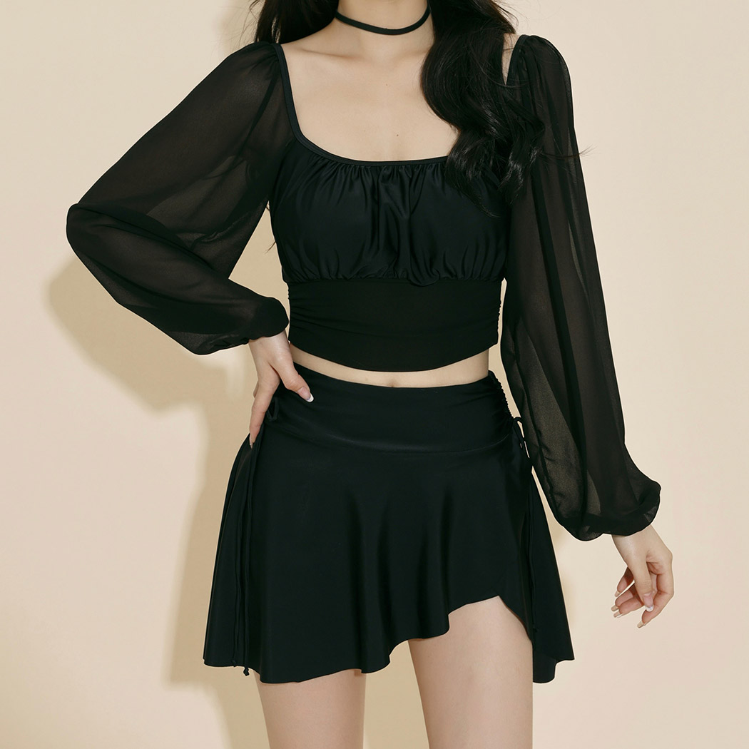 韓国 黒 シースルー 長袖水着 フレア袖 TeddyShop 水着 レディース 体型カバー 2点セット 20代 30代 40