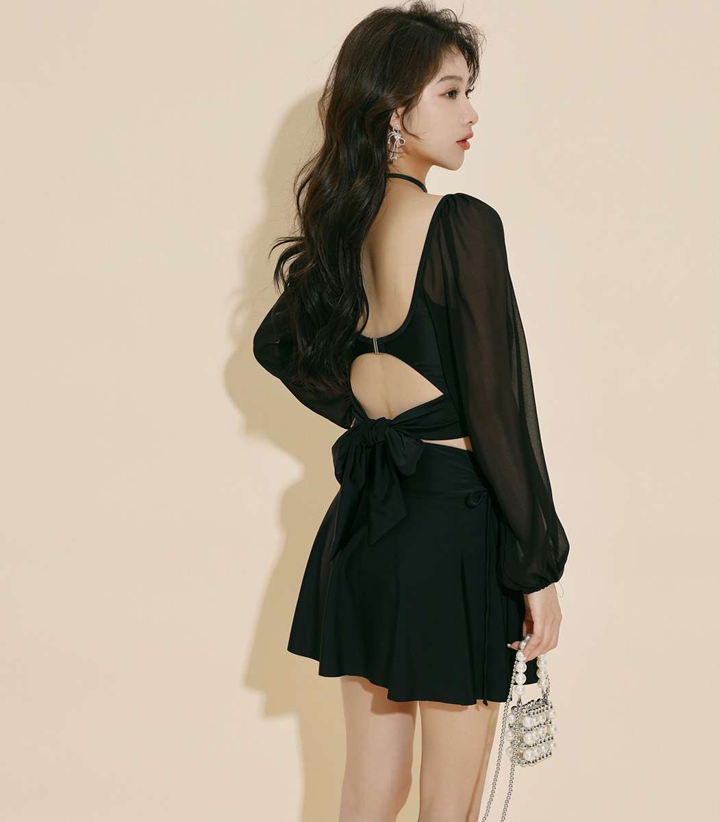 韓国 黒 シースルー 長袖水着 フレア袖 TeddyShop 水着 レディース 体型カバー 2点セット 20代 30代 40