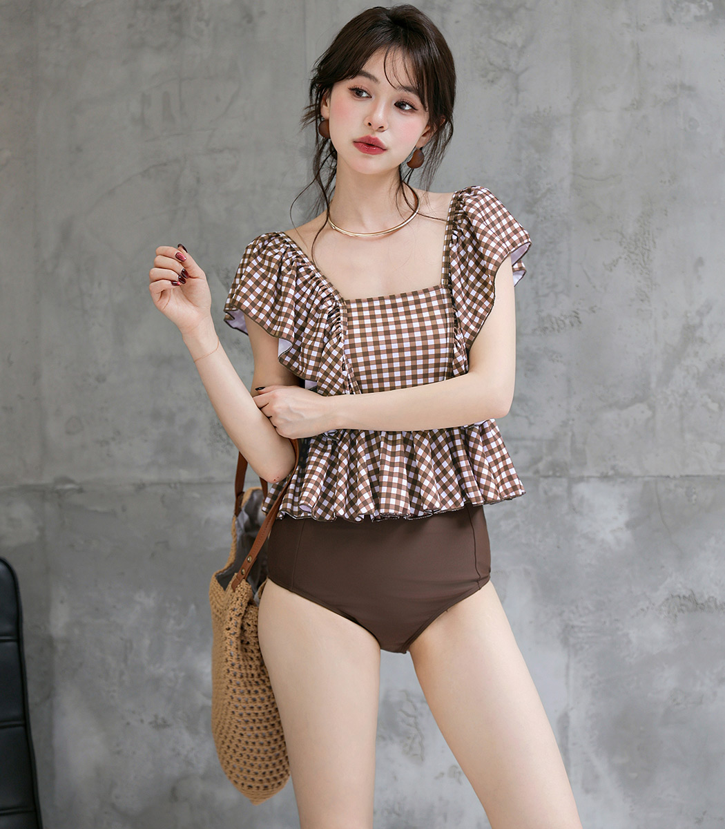 【CUPSHE】フリル ハイウエスト タンキニ ツーピース 水着 Cupshe ツーピースのタンキニ水着,ハイウエスト,女性用,セクシー