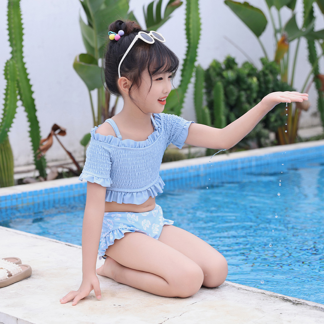 キッズ 水着 女の子 ビキニ セパレート オフショルダー フリル 半袖 ボタニカル 3way 子ども パッド付き 幼稚園 保育園 小学生 ネームタグ