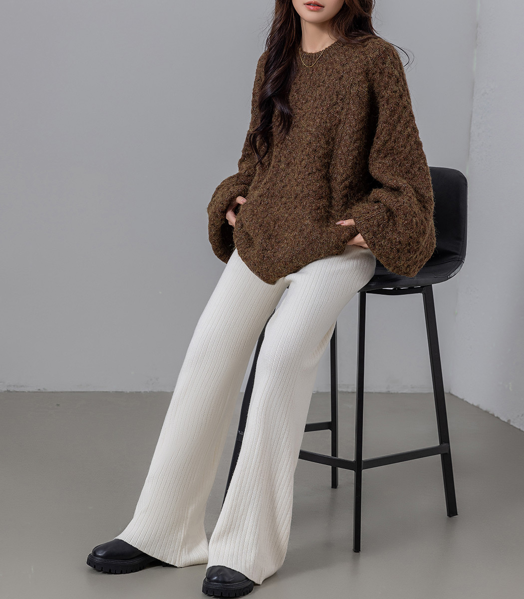 ニット フレア リブ パンツ ワイドパンツ レディース ボトムス ロング