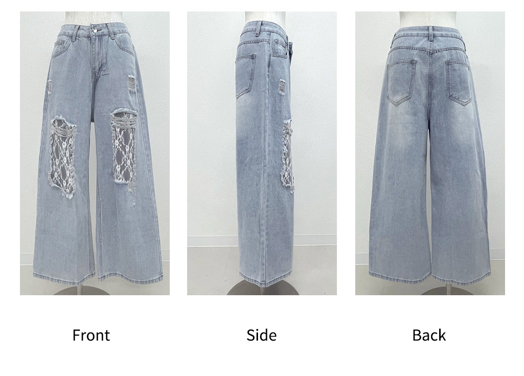 ダメージデニム レース ワイド ストレート ワイドパンツ レディース