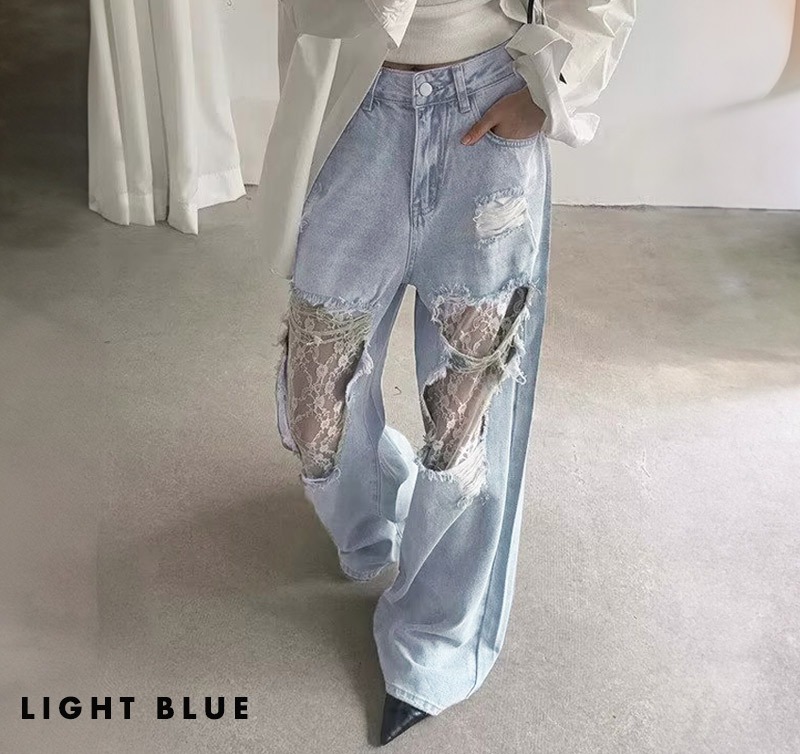 ダメージデニム レース ワイド ストレート ワイドパンツ レディース