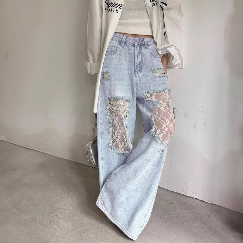 ダメージデニム レース ワイド ストレート ワイドパンツ
