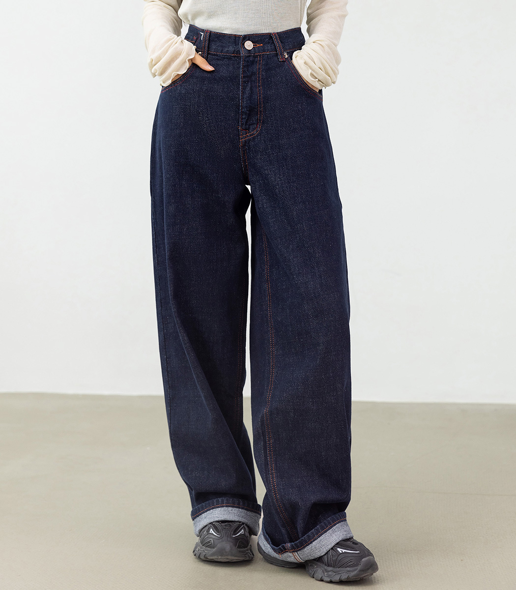 デニム パンツ ワイド ゆったり ストレート カラーステッチ 2色 