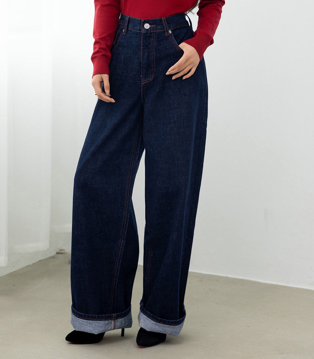 デニム パンツ ワイド ゆったり ストレート カラーステッチ 2色 
