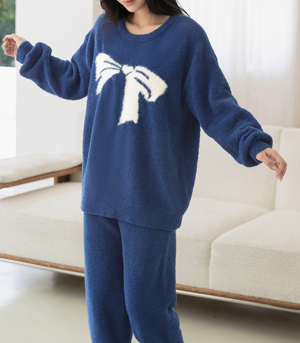 ルームウェア レディース もこもこ 長袖 リボン トップス パンツ 2点