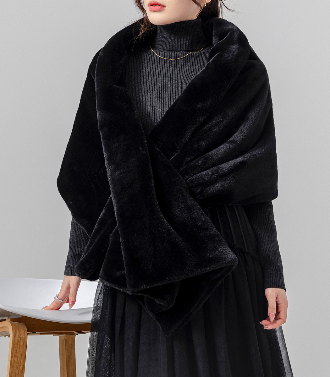 フォックスファー　大判ストール　ショール　黒　ブラック フェイクファー ストール 大判 ショール レディース 羽織 アウター