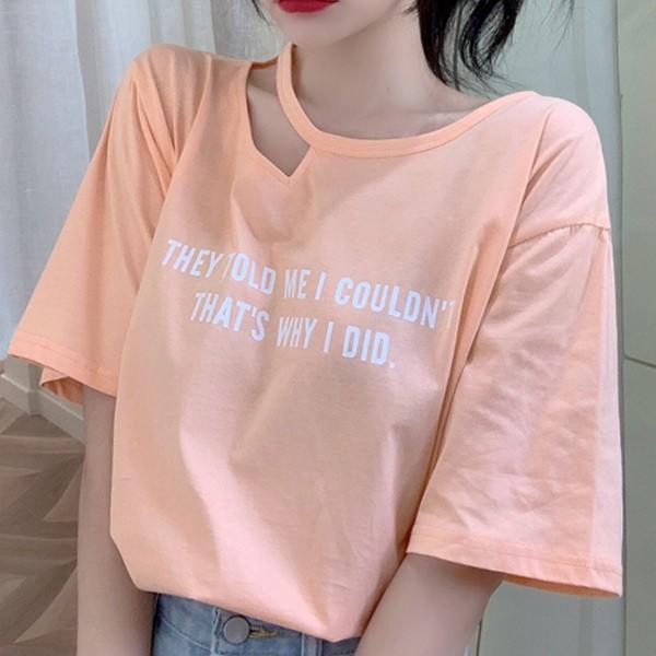 Tシャツ レディース 半袖 トップス カットソー プリントシャツ カッティング ラウンドネック プリントロゴ お洒落 可愛い こなれ感 無地 ロゴ アメカジ｜mizuki-store｜03