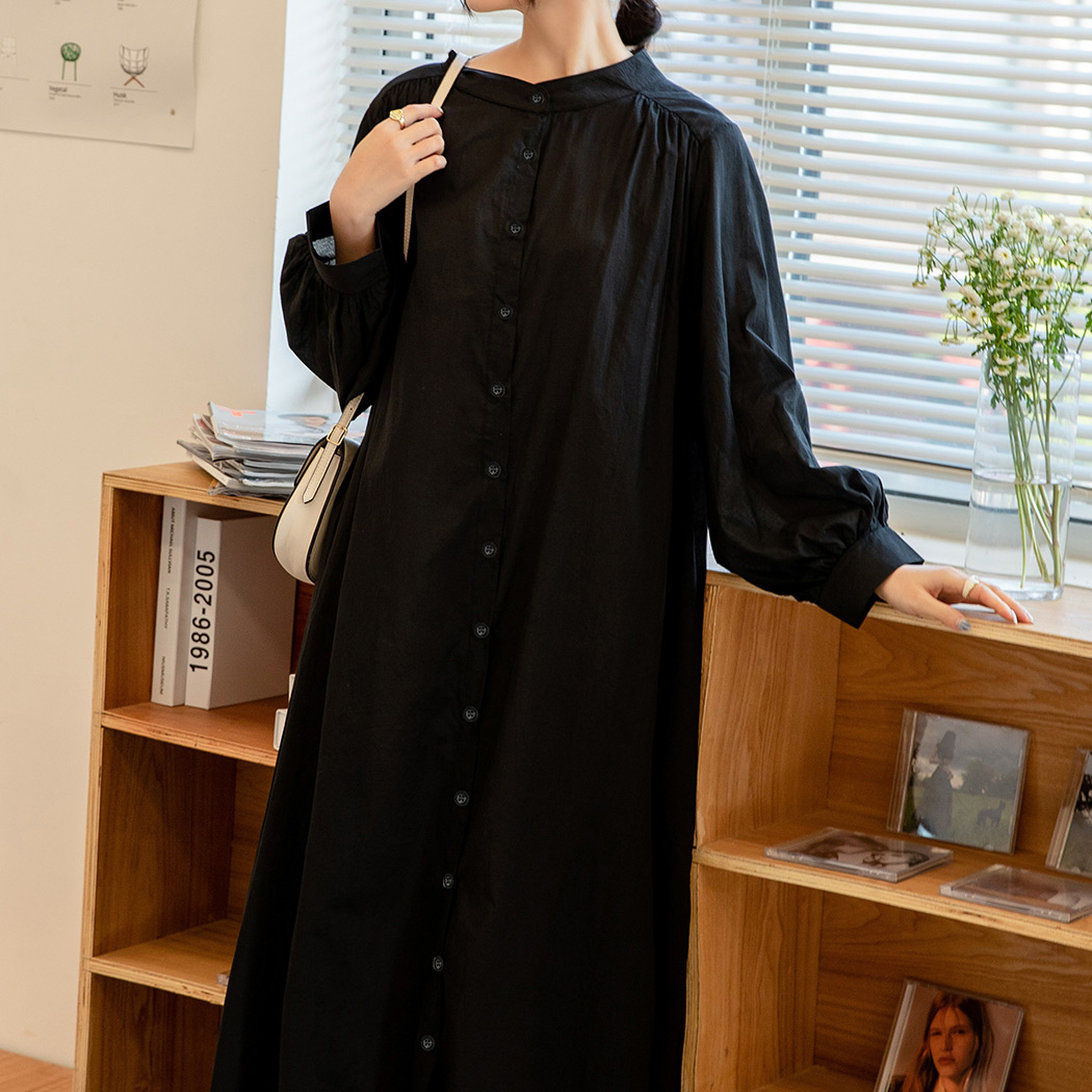 フレア ワンピース ロング丈 レディース 薄手 長袖 ノーカラー シャツ