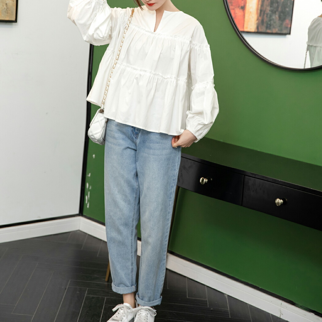 ティアード キーネック ブラウス 長袖 レディース 春 秋 可愛い お洒落 黒 白 大きいサイズ シンプル 無地 ゆったり ノーカラー プルオーバー  きれいめ 薄手 カ 【楽ギフ_包装】