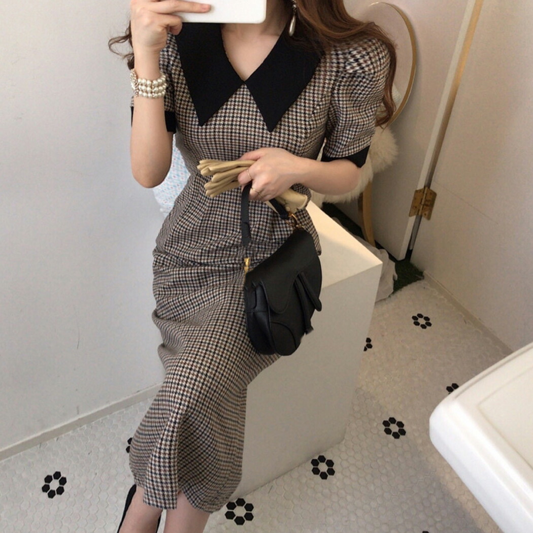 リアル ワンピース レディース 春 秋 半袖 千鳥格子 カジュアル 可愛い ワンピース