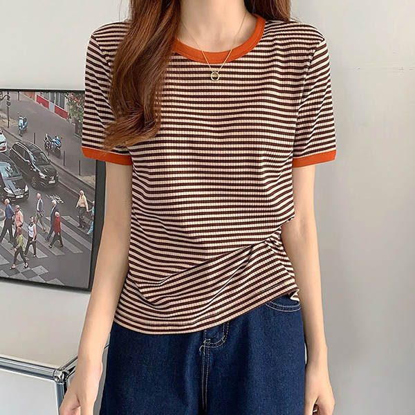 Tシャツ レディース 半袖 トップス カットソー リンガー おしゃれ かわいい 夏 白 黒 ボーダー...