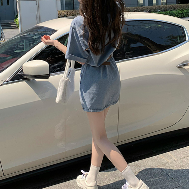 韓国 服 レディース ワンピース 青 ミニワンピース デニム ブラウス 半袖 白 デニムワンピース 半袖 Aライン ワンピース レディース 襟付き