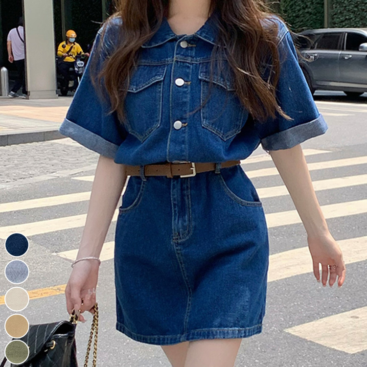 ワンピース デニム レディース 半袖 韓国ファッション おしゃれ かわいい 量産型 春 夏 秋 シャツワンピ デニム