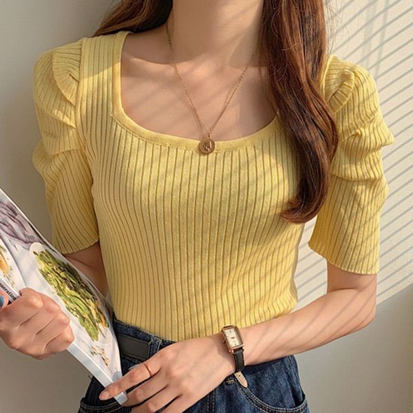 リブ Tシャツ トップス レディース 半袖 パワーショルダー 韓国