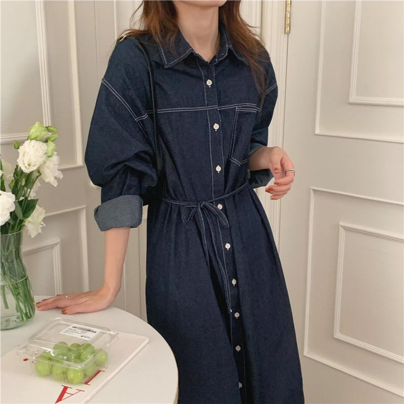 45R デニムシャツロングワンピース 長袖 フレア Aライン インディゴ