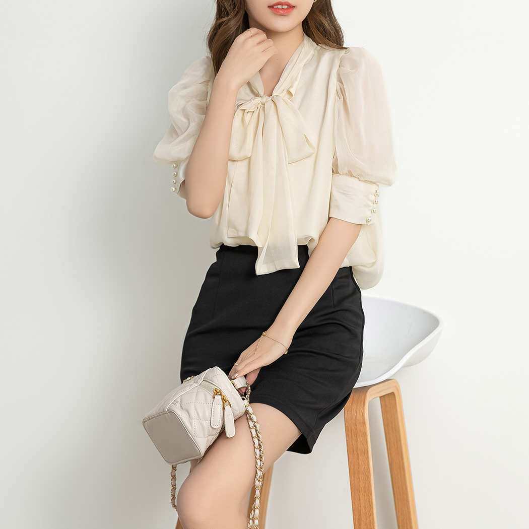 ブラウス レディース ボウタイ リボンタイ 五分袖 おしゃれ きれいめ