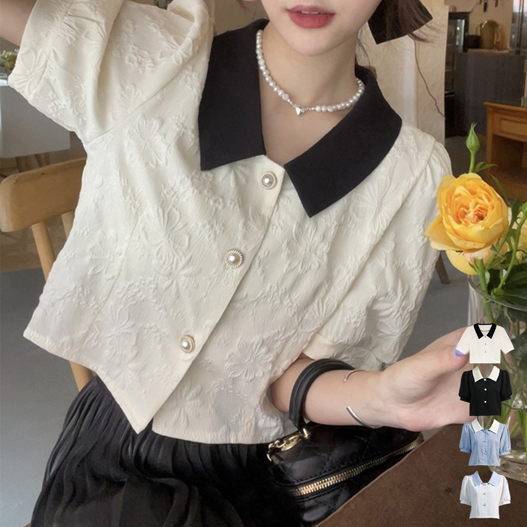 ブラウス 半袖 レディース 花柄 エンボス カジュアル 春夏 トップス 丈 花柄 クロップドブラウス ホワイト 半袖