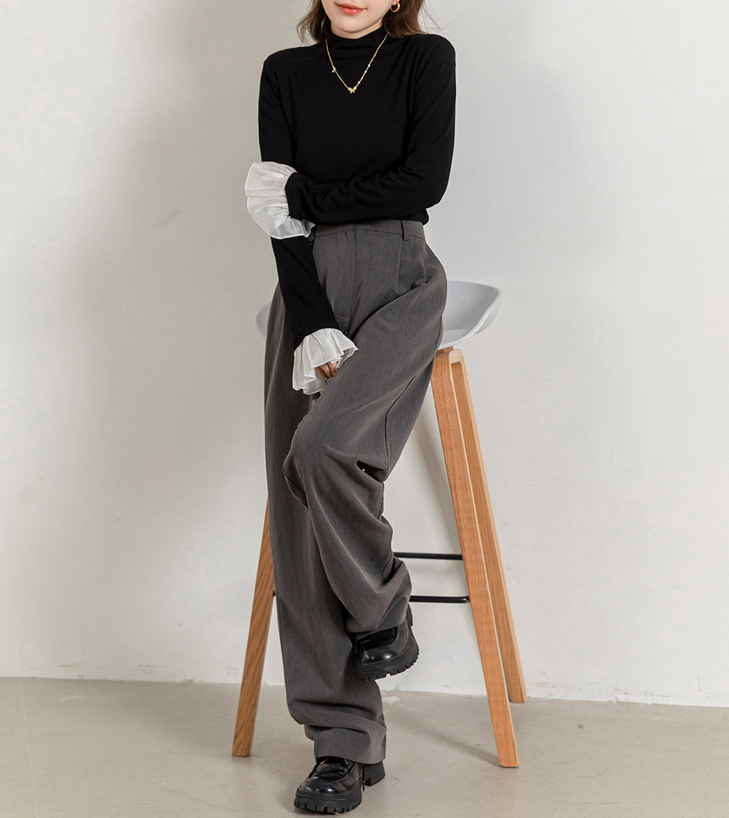 フリル 袖 トップス レディース ボトルネック プルオーバー 長袖