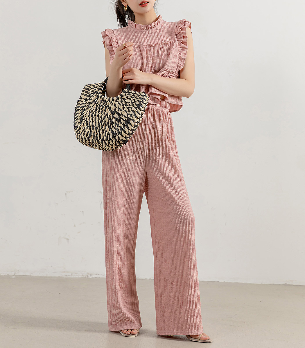 セットアップ トップス パンツ 薄手 光沢感 シボ加工 楊柳生地風 縦皺