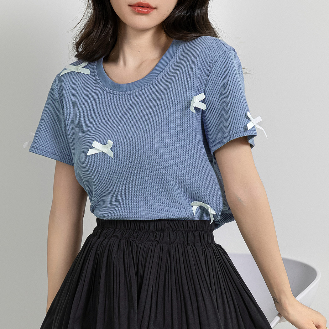 ワッフル生地 Tシャツ レディース 半袖 リボン トップス 1枚で