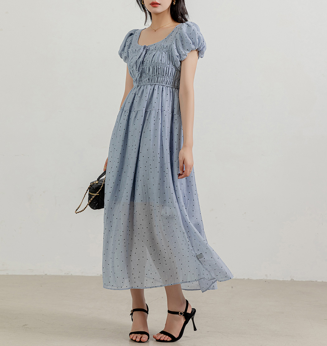 ワンピース ロング 半袖 ドット 夏 Aライン フレア シアー
